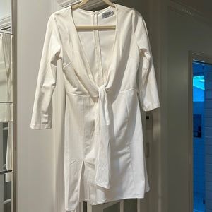 White faux suede fitted dress with tie front